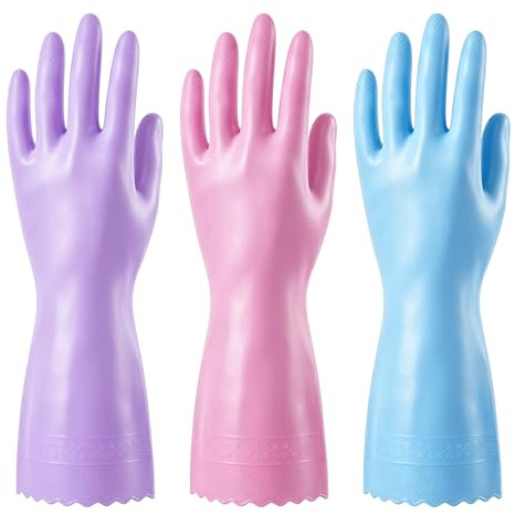 AOOSU 3 Pack Reusable Washing Up Gloves, Household Gloves with Cotton Flock Liner, Long Rubber Glove, Cleaning Glove for Laundry, Gardening Medium