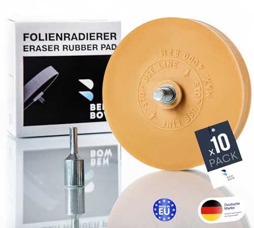 BenBow 10x Folienradierer 90mm inkl. 2x Adapter Vanille Aroma - handelsübliche Bohrmaschinen, Akku-Schrauber, Geradschleifer geeignet - Zierfolien, Zierstreifen Aufkleber und Kleberückstände entfernen