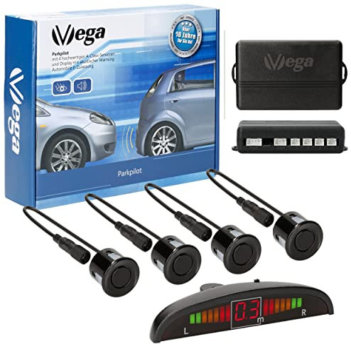 VSG24 Premium Einparkhilfe VORNE mit Display zum nachrüsten am Auto, PDC Parksensoren hinten mit Stecksystem für einfachste Montage - 4 Rückfahrwarner Sensoren Parkhilfe Nachrüstsatz Schwarz