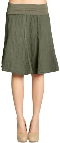 Caspar Damen Midi Sommer Leinenrock Knielang Sommerrock mit Stretch Bund - RO014, Farbe:Oliv grün, Mode Größe:S-M