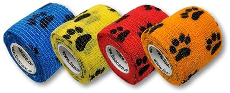 LisaCare Pfotenverband 5cm x 4,5m | 4er-Set mit Pfoten Motiv - BUNTER MIX | Kohäsive Bandage | Wundverband | Pflasterverband | elastisch, dehnbar, selbsthaftend, ohne Kleben | BUNTER MIX - Kohäsive Bandage - Pflasterverband - elastisch, dehnbar, selbsthaftend, ohne Kleben