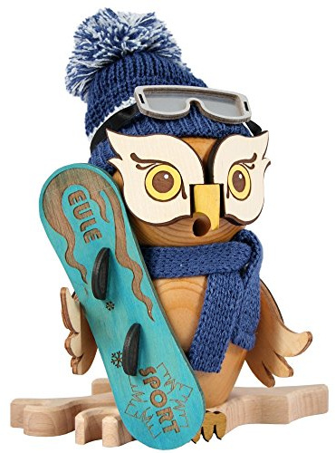 Drechslerei Kuhnert - Rauchfigur/Räucherfigur - Eule mit Snowboard aus Massivholz - ca. 15 cm - Made in Germany