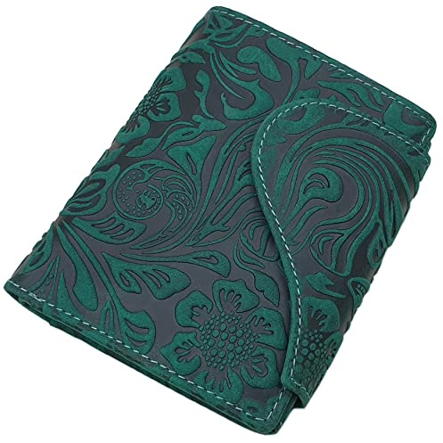 myledershop Vollrindleder Damen Hochformat Geldbörse/Geldbeutel/Portemonnaie mit Außenriegel mit Lianen Prägung oder ohne Prägung und RFID & NFC Schutz inkl. Nähset (Mit Lianen Prägung/Petrol)