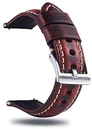 Berfine Bracelet de montre rétro en cuir tanné à l’huile, à dégagement rapide, bracelet de rechange, largeur au choix : 18 mm, 20 mm, 22 mm, 24 mm ou 26 mm