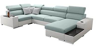 All4All Ecksofa mit Schlaffunktion Passe 335 cm x 205 cm - Wohnlandschaft U-Form - Schlafsofa mit Bettkasten - XXL Sofa - Groß - Gewebe mit Kunstleder -Mintfarbe/Weiß - Rechte Seite 26
