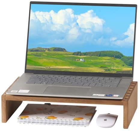 KIRIGEN Monitorständer Holz, Bildschirmerhöhung aus Paulownia-Holz, Schreibtischaufsatz mit Stauraum, bis 20 kg belastbar, für Monitor, Laptop, Drucker, TV, 39 x 24 x 8,5 cm, Braun