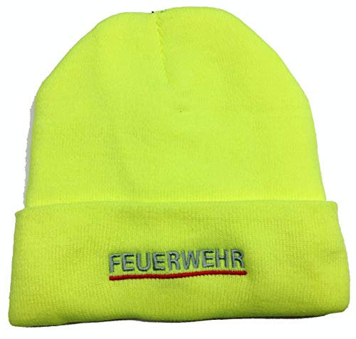 Pudelmütze neon-Yellow, Silber gestickt Feuerwehr, rot unterstrichen, mit Thinsulate