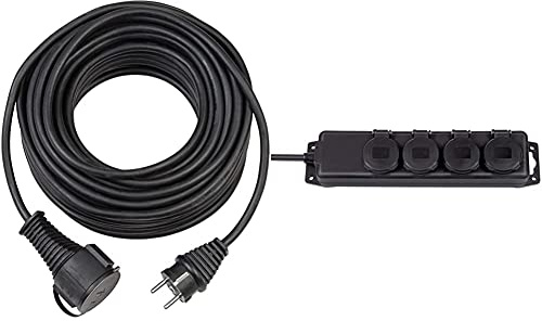Brennenstuhl Qualitäts-Gummi-Verlängerungskabel 10m schwarz & Steckdosenverteiler IP44 4-Fach (Steckdosenleiste für den Baustelleneinsatz und den ständigen Einsatz im Freien, 2m Kabel) schwarz