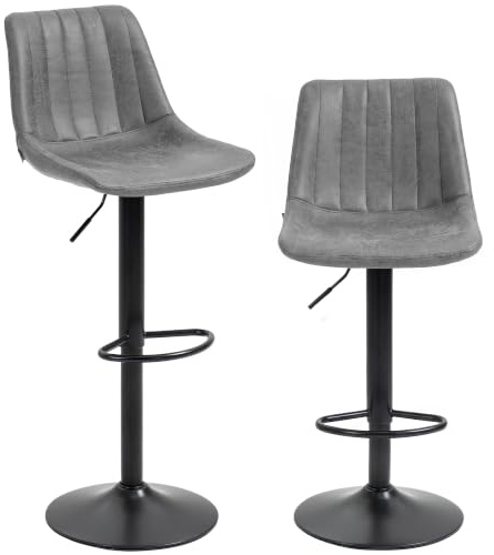 HOMCOM Bar Stools Set of 2, Swivel Breakfast Barstools with Backs, Height Adjustable Kitchen Island Stools with Footrest and Gas Lift, Leathaire, Grey