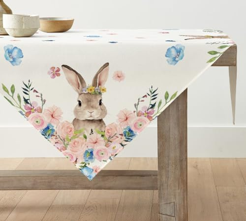 Artoid Mode Hase Blume Ostern Waschbare Tischwäsche, Saisonaler Frühling Küche Tisch Dekoration Drinnen Urlaub Party Dekor 85x85 cm