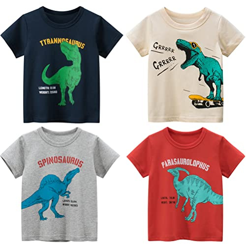 NautySaurs 4-pack småbarn, pojkar, t-shirts med dinosaurie, haj, grävmaskin, lastbil, grafisk, kortärmade t-shirts, 6 dinosaurier, 5 år