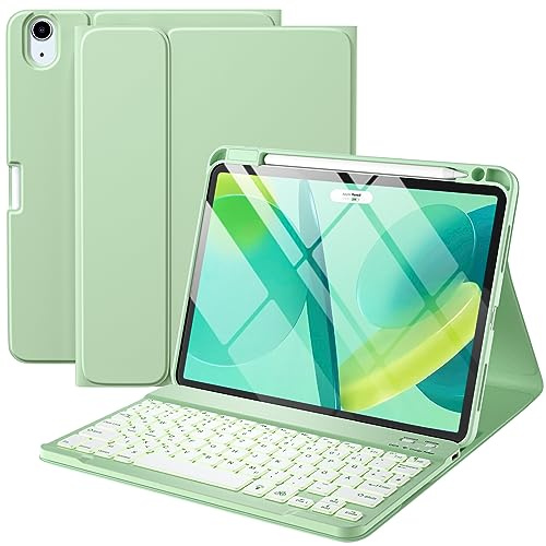 Vobafe Hülle mit Tastatur für iPad Air 11 Zoll M4 2026/M3 2025/M2 2024 | für iPad Air 5 4 2022 2020 10,9, 7 Farben Beleuchtete mit Abnehmbare Tastatur,TPU Rückschale mit Stifthalter,QWERTZ, Grün