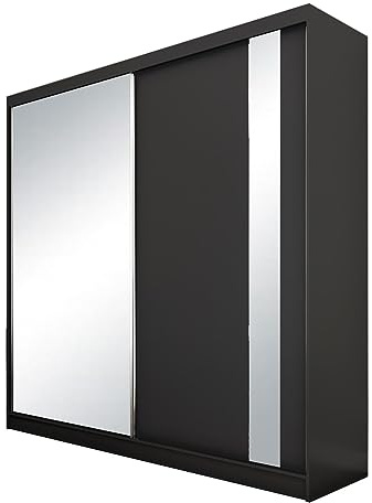 Mars Meble Gaja Penderie avec miroir Armoire avec portes coulissantes et étagères Tringle à vêtements Noir Largeur 200 cm