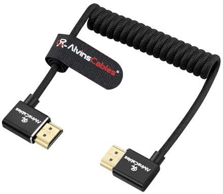 Alvin's Cables 8K 2.1 HDMI High Speed Braided Coiled Cable Left Angle to Right Angle for Atomos Ninja V, Portkeys BM5, for Feelworld Monitor, for Canon C300, Z CAM E2, Sony FS5| FS7| A7S3 Cameras