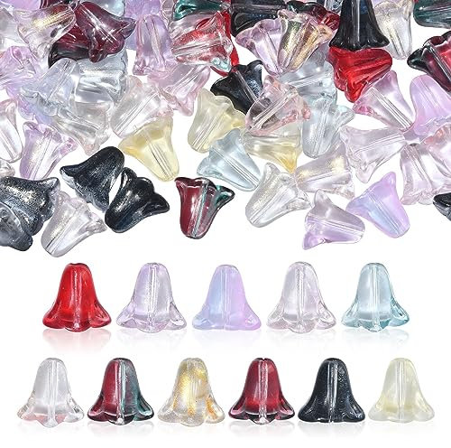 KitBeads 100pcs Random Glass Tulip Beads Transparent Colorful Floral Beads Handmade Lampwork Petunia Flower Beads for Jewelry Making Bulk