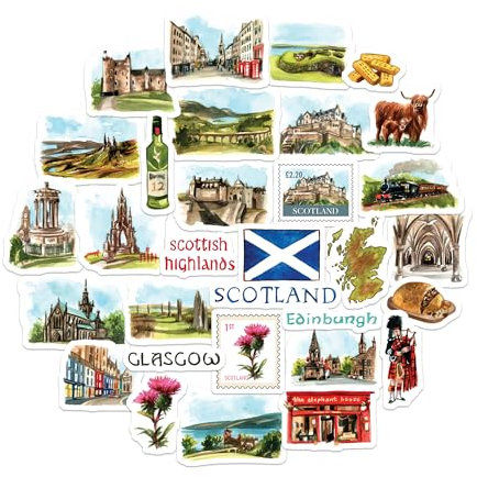 Navy Peony Stickers de voyage Spectacular Scotland (30 pièces) - Aquarelle, étanches, décalcomanies à thème écossais pour journaux, albums de souvenirs, gobelets