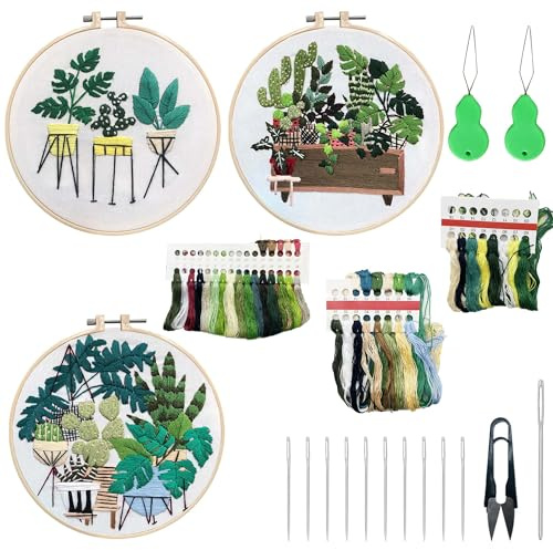 Allazone 3 Sets Stickset für Anfänger,Kreuzstich-Übungssets für Bastelliebhaber, 2 Sticktuch mit Muster Vorlagen und Anleitung,Kreuzstich Kits Geeignet für Erwachsene (Plattenpflanzung)