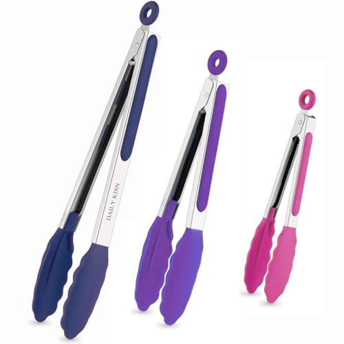 7/9/12 Inch Kitchen Tongs Set of 3, Cooking Tongs with Silicone Tips | for Grilling Cooking BBQ Salad Buffet, Heat Resistant, Food-Grade Material, Pink/Purple/Navy