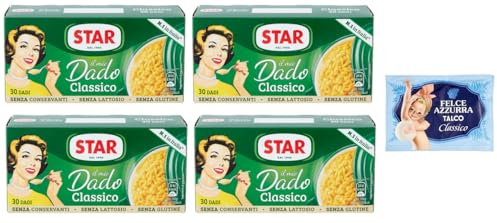 Confezione da 4 Star Il Mio Dado Classico, Preparato per brodo, scatole da 30 dadi + 1 Confezione di Talco Felce Azzurra in omaggio, Busta da 100g