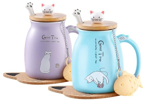 MengCat Cat Mug Cute Ceramic Coffee Cup with Lovely Kitty lid Stainless Steel Spoon,Novelty Morning Cup Tea Milk Christmas Mug Gift 380ML (Blue & Purple)