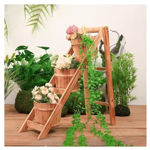 Massivholz trapezförmiges Blumengestell mit hölzernem Eimer, Creative Plant Stand Holz Regale Bonsai Display Regal Indoor Outdoor Garten Patio Multifunktionale Speicher Rack(Braun)