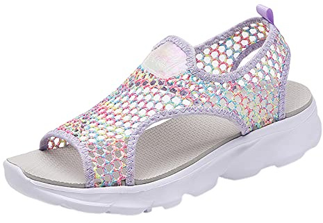 Sexiga sandaler för kvinnor uppklädda kvinnor sommar nät strand dra på sport ledig öppen tå platt mjuk botten andningsbara skor sandaler neutrala sandaler för kvinnor, Lila, 39.5 EU