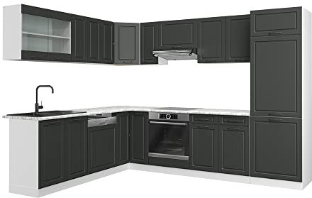 Vicco Eckküche R-Line, Küchenzeile in L-Form, Anthrazit Landhaus/Weiß, 227 x 60 cm, AP Marmor