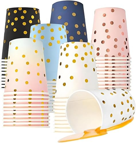 WZHHDM Lot de 60 gobelets en carton à pois dorés de 266 ml - Gobelets réutilisables pour pique-nique, fête, barbecue, mariage, anniversaire (6 couleurs)