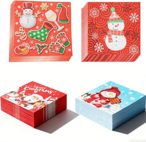 80 Stück Weihnachten Servietten,4 Designs Papierservietten Perfekt für den Weihnachtstisch Tischdeko,Einweg Cocktailservietten für Urlaub, Weihnachtsfeiern, Abendessen,Schneemänner 33x33cm