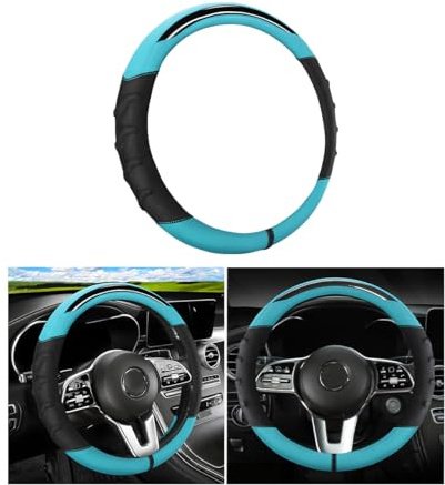 CGEAMDY Mikrofaser Kunstleder Lenkradabdeckung, Lenkradschutz Auto Universal, Auto-Lenkradabdeckung Aus Kunstleder Universal, Schweißabsorbierende Atmungsaktive Auto Lenkradhüllen(Schwarz Cyan)