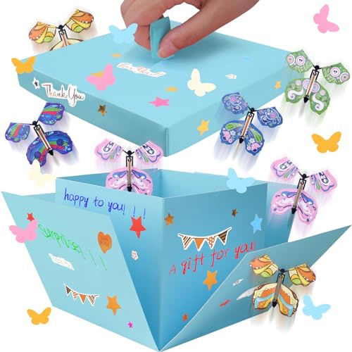 Winter Blue Flying Butterfly Explosion Geschenkbox - Flying Butterfly Weihnachten Geschenkbox mit 5 Bunte Schmetterling Pailletten DIY Fliegende Schmetterling Überraschung Xmas Geburtstage Hochzeit