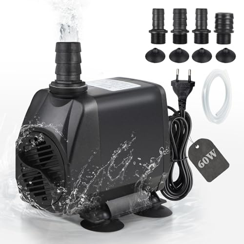 EXLECO Pompa Acqua 3500L/H 60W AC 220V Pompa per Acquario Pompa Sommersa Pompa Immersione Pompa Dell'acqua per Fontana Laghetti Pompa per Filtro, Ultra Silenziosa, Cavo da 1,8M, 4 Ugelli, 1.5M Tubo