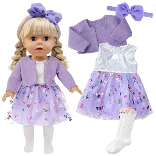 Xerteam 4 teilig Lila Puppenkleidung für 38-45cm Mädchen Puppe, Puppezubehör Mantel Puppen Kleider Socken Schmetterling Stirnband für 16-18 Zoll Baby Puppe, Puppensachen Set Geschenk Kinder
