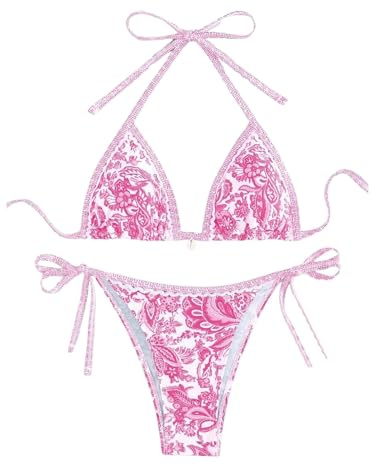 BYFINECANY Maillot de Bain pour Femme, Deux pièces à imprimé Floral Style Cachemire, Bikini d'été à Nouer Autour du Cou, Rose, Taille XS