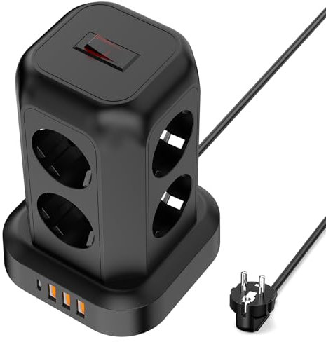 Mehrfachsteckdose mit Schalter,8 Fach Steckdosenleiste Steckerleiste mit 3 USB und 1 USB C, Mehrfachstecker Überspannungsschutz, 2M Verlängerungskabel Steckdosenturm für Zuhause,Büro