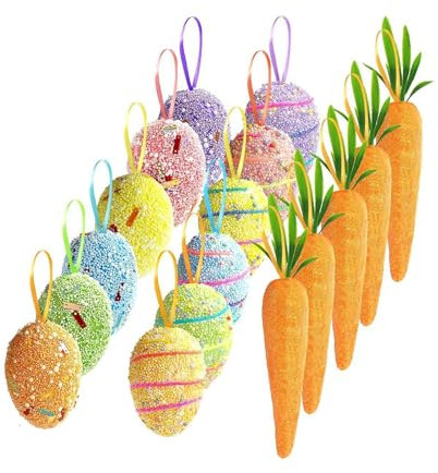 18PCS Easter Eggs & Carrots Hanging Ornament Set for Easter Decorations Shiny Glitter Foam Eggs and Carrots Pendants Party Supplies (Multicolor, 18Pcs Set)