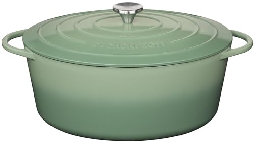 Küchenprofi Cacerola de hierro fundido con tapa ovalada, jade, 35 cm, cacerola, horno holandés, sartén para pan esmaltado, para todo tipo de fuegos (incluye inducción), para guisar, hornear, asar | Hierro fundido esmaltado con eficiencia energética, retención óptima del calor, parrillas y botón de acero inoxidable.