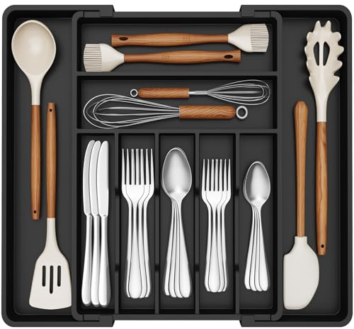 Lifewit Besteckkasten für Schubladen, verstellbarer Kunststoff Organizer Küche Tiefe 42,4 cm, Besteckeinsatz 7-9 Fächer, erweiterbar bis 57 cm, für Löffel und Gabeln, Schwarz, extra Groß