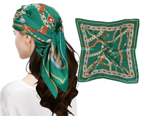 MEANBEAUTY Bandana sidenhalsdukar fyrkantig satin huvudduk för kvinnor hårhalsduk 70 x 70 cm med presentförpackning, Kedja/mörkgrön, 27.5 inches