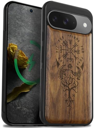Carveit Étui en Bois pour Google Pixel 9, (Noyer-Viking Compas) | Magnétique pour Bois Coque, Protection TPU Case de Téléphone Antichoc Compatible Magsafe pour Google Pixel 9 Étui