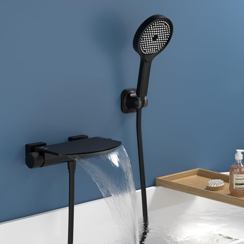 HOMELODY Badewannenarmatur Schwarz, Badewannenarmatur mit Handbrause, Wasserfall Wannenarmatur, Messing Mischbatterie Wandarmatur für Badewanne, Wandmontage mit großer Plattform