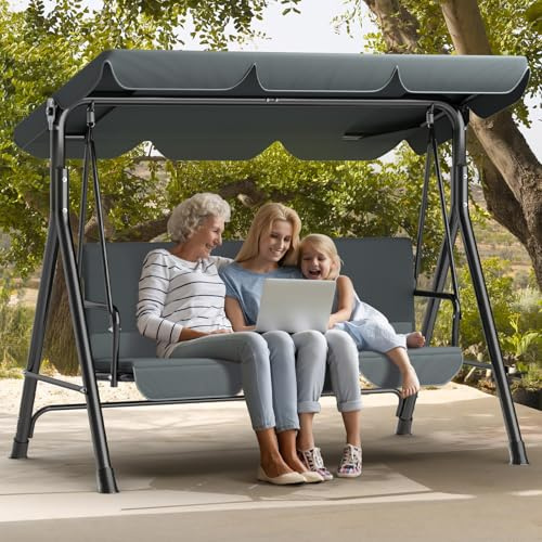 Kidsgigglz Gartenschaukel Hollywoodschaukel 3-Sitzer mit Verstellbarem Sonnendach｜Schaukelbank Ergonomisches Wetterfest｜Gartenliege Schaukelbank Ideal für Garten und Terrasse, einfache Montage｜Beige