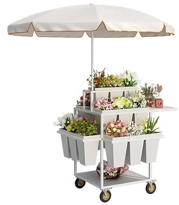 Blumenwagen, Pflanzenständer, Metall-Gartenwagen mit 18 Eimern und Sonnenschirmen, ideal für Floristenläden, Innen- und Außendekoration