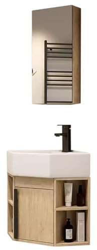 Mobile Bagno ad Angolo con Lavabo Ceramica Badmöbel Set Salvaspazio con Specchio, Adatto per Bagno, Lavanderia, Soggiorno, Balcone