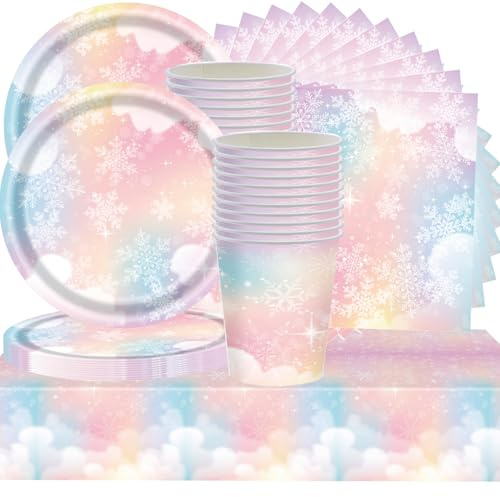 Shamoparty Traumhaftes Rosa Schnee Partygeschirr, 61stk Party Tischdekorationen,Schneeflocke Partygeschirr,Weihnachten, Kindergeburtstag Party Deko, Tischdekoration im Winterwunderland