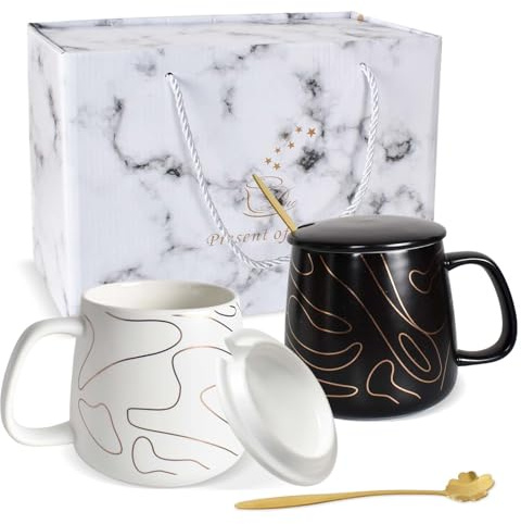 Set di Tazze per Coppie, Edizione Confezione Regalo da 400 ml, con 2 Cucchiaini e Coperchi, Bianco e Nero, Set di Tazze da Caffè, Adatto Per Anniversari di Matrimonio, Regali di Nozze, Regali Festivi
