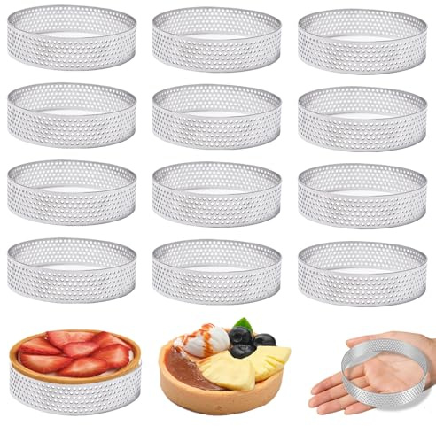 CAAGGMM mousse tartelettformar, 12 stycken 8 cm rostfritt stål dessertring bakform, tårtringar dessertringar med hål, bakning dessertringar formset, för tårtor, kakor, kex