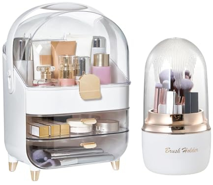 BTGGG Multi-Function Cosmetic Organizer, Dustproof Waterproof Makeup Storage Box with Drawer & Small Storage Box, Stylish Durable Lipstick Skincare for Bedroom Bathroom Vanity Girls Gift (White)