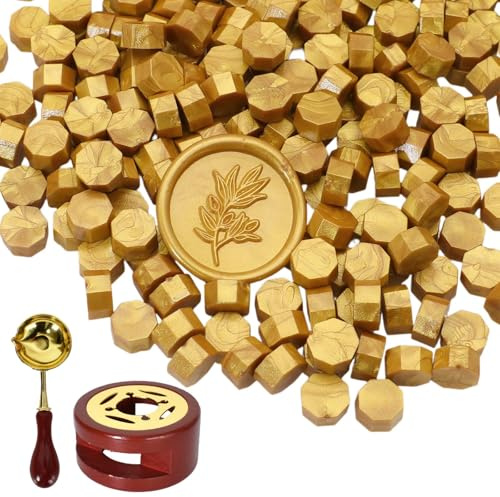 300 Stück Siegelwachs Perlen Set,Wachssiegel Stempel mit Wachssiegelwärmer & Schmelzlöffel – Achteckiges Siegellack Set für Briefe,Umschläge,Hochzeitseinladungen,Karten,Geschenkverpackungen (Gold)