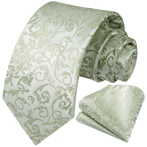 HISDERN Krawatte Herren Salbeigrün Hochzeit Paisley Krawatten und Einstecktuch Set Elegant Blumen Krawatte mit Taschentuch Business Party